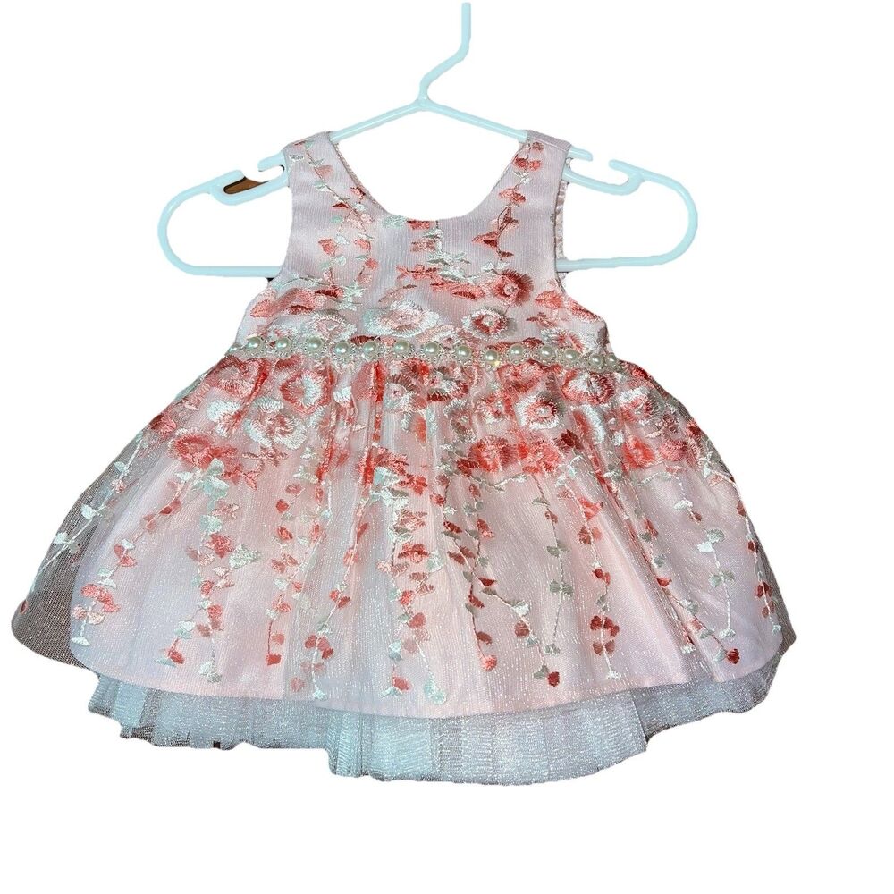 American Princess Pink Floral Dress Baby Girl Size 3M Faux Crystals And Pearls